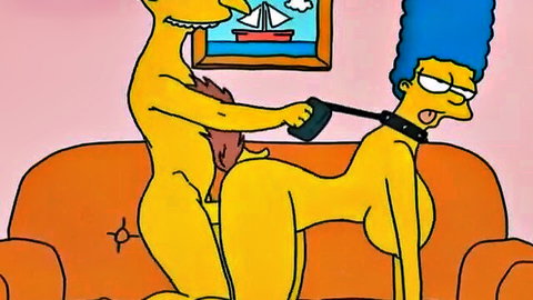 Homer Simpsons leashes busty nude Marge on all fours pulling her collar in cartoon parody