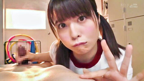 Cute Japanese schoolgirl with pigtails pouts and teases with spread fingers over censored pussy in gym