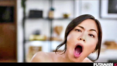 Asian futa with small tits mouth agape moaning topless in kitchen