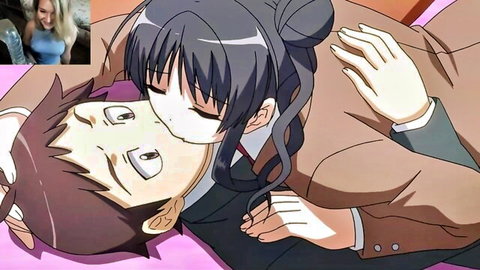 Anime couple in school uniforms passionately kissing on bed