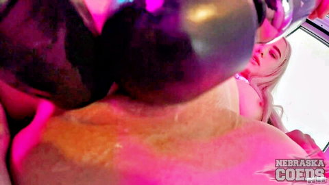 Blonde Melesa POV close-up with large purple toys and big breasts