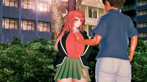 Anime redhead Itsuki in skirt embraced by guy outdoors at night