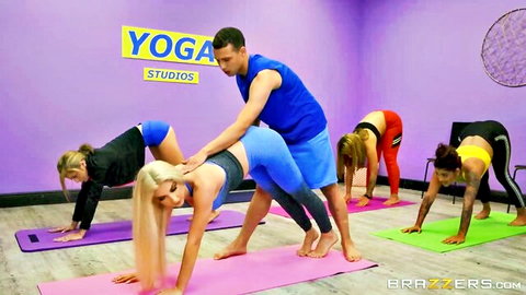 Skylar Vox in tight yoga outfit assisted by instructor Johnny The Kid