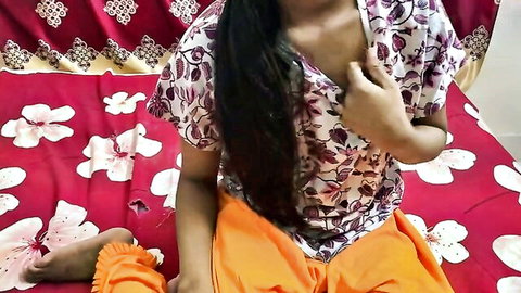 Bdsex24 super sexy stepsister in floral top and orange skirt, teasing pose
