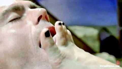 Maitresse Madeline's foot in submissive hunk John's mouth, femdom foot worship