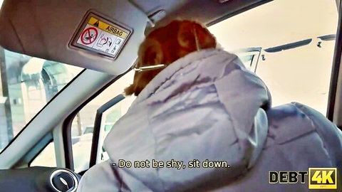Redhead debtor in white jacket tempted by collector in car, DEBT4k