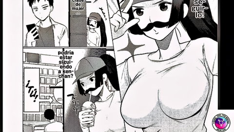 Hentai manga panels with busty women in casual wear and mustaches