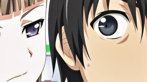 Anime hentai close-up of cute girl smiling at surprised boy with intense eyes