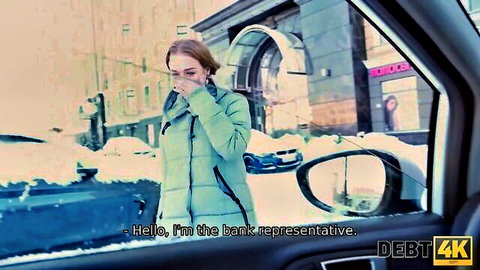 Nik Rock as distressed blonde debtor in green jacket meets bank rep in snowy car - DEBT4k