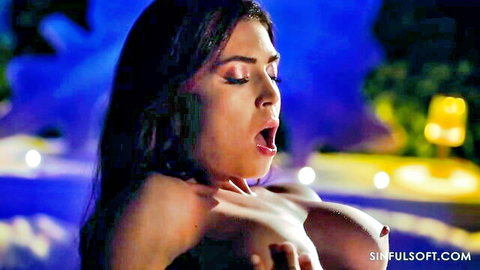 Curvy brunette MILF with huge tits topless mouth wide open moaning poolside