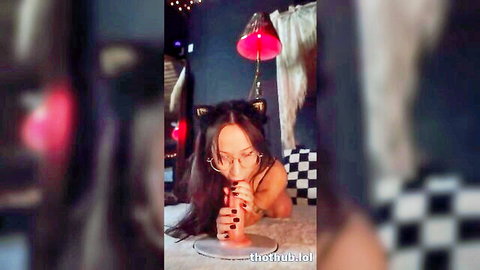 BigTittyGothEgg as goth kitty sucking dildo, big tits in black lingerie