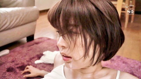 Tsukasa Aoi ecstatic profile, white tank top, fluid on lips, JAV bang fest