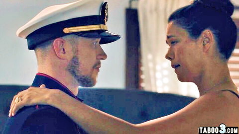 Naval stepson consoling emotional Asian MILF stepmom in black dress