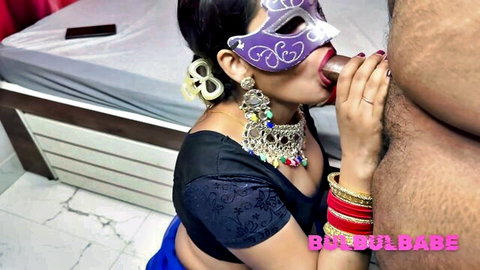 RoyaleCouple Desi Bhabhi in purple mask gives blowjob in saree