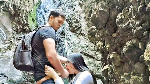 Leah Gotti outdoor blowjob near waterfall with backpacker