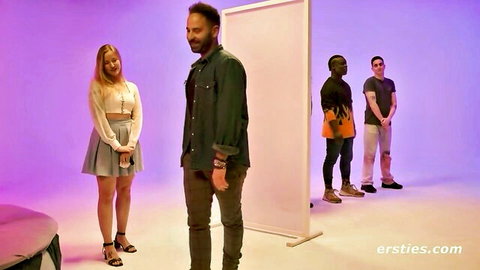Maria in 5 Senses Dating Show on Ersties TV, blonde host with male contestants
