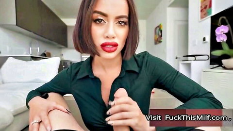 Charming MILF in open green blouse teases in POV hot clip