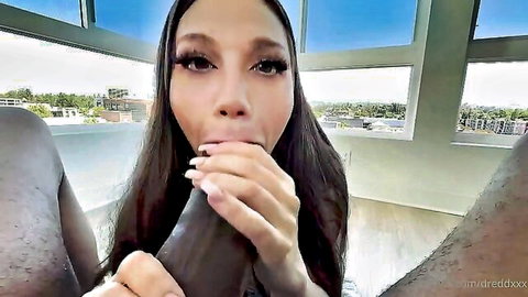 Lily Lou giving no hands blowjob to BBC, close-up oral action