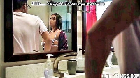 Busty Indian stepmom in red lingerie caught in mirror by man