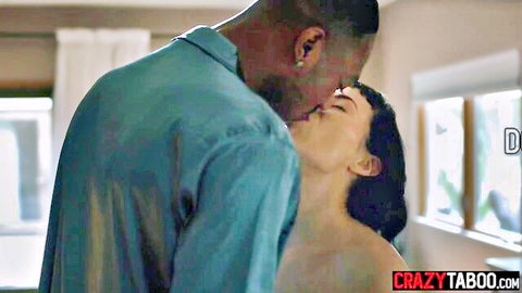 Olive Glass topless kissing black stud in interracial threesome orgy