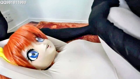 Anime cosplay girl with orange hair, ahegao face, white bodysuit, black stockings