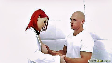 Redhead doctor with big tits seduces bald patient in open lab coat