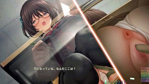 Hentai anime girl with glasses in tracksuit masturbates with dildo, explicit penetration view