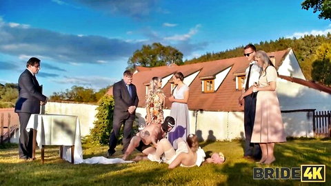 Groom fucks naked bridesmaids on grass while bride and guests watch outdoor wedding orgy