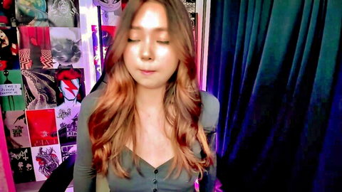 Cute Asian e-girl teases with deep cleavage in button-up top on webcam