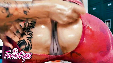 Ryan Reid and Nichole Saphir in red gym outfits fucking asses with double dildo