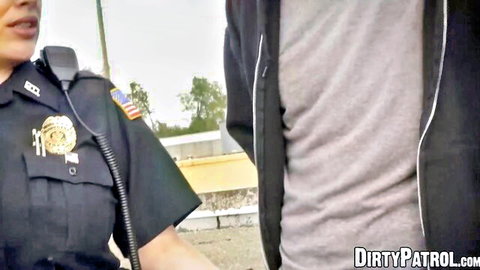 Uniformed police babe confronts criminal suspect outdoors