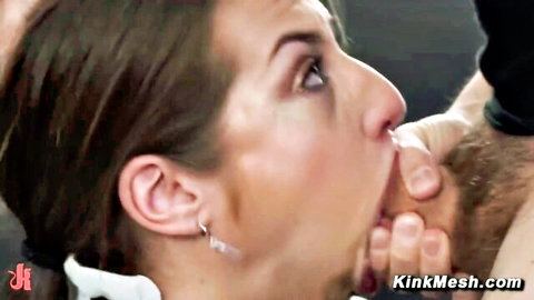 Brunette woman gags on man's thick fingers in rough hand gagging deep throat domination