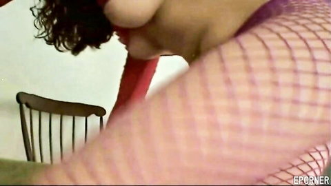 Brunette in fishnet lingerie nuzzles cock with open mouth POV blowjob tease