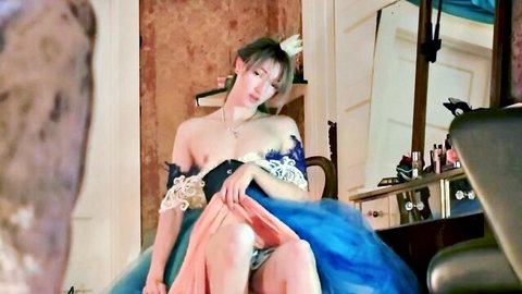 Trans princess cosplay in lace corset spreads legs exposing hard cock and small tits on vanity chair