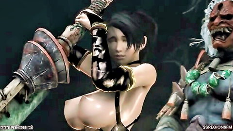 Momiji topless demon hunter posing with oni demon in SFM animation