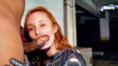 Redhead cosplay teen sucking big black cock in sexy web outfit