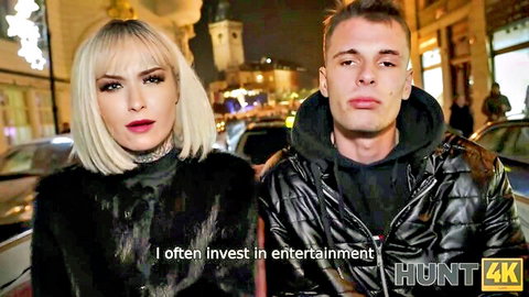 Blonde in fur coat and guy in jacket outdoors at night - Hunt4K sleigh fuck