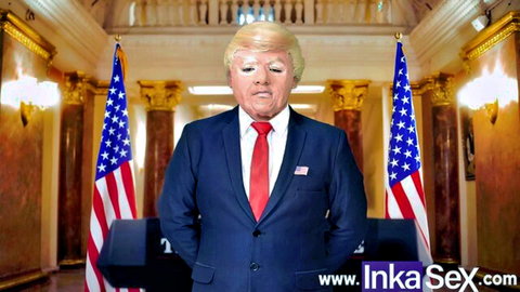 Donald Trump parody in suit at podium for Latina immigrant adult parody