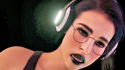 Seductive goth girl with glowing headphones, round glasses, nose piercing and dark green lips staring intensely