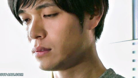 Asian male actor side profile in gray sweater, JAV cuckold scene with Matsuri Kiritani