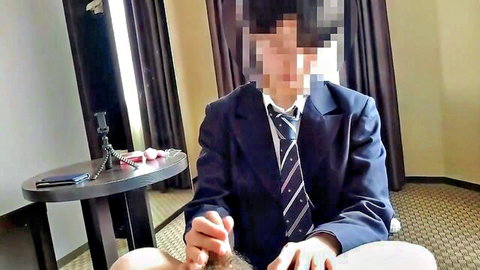 Censored Japanese schoolboy in uniform pulls down pants to stroke hard cock