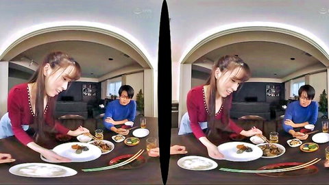 Asian woman in red top serves dinner to two men in amateur JAV fetish scene
