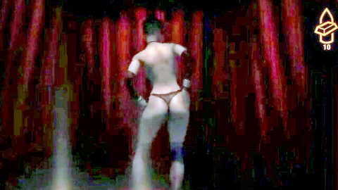 Futuristic gamer girl in skimpy white thong armor, big ass view from behind