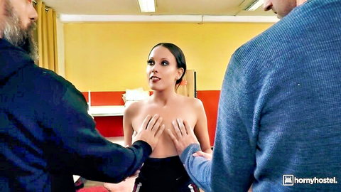 Pornfighter Long John topless in wild hotel threesome with breast groping