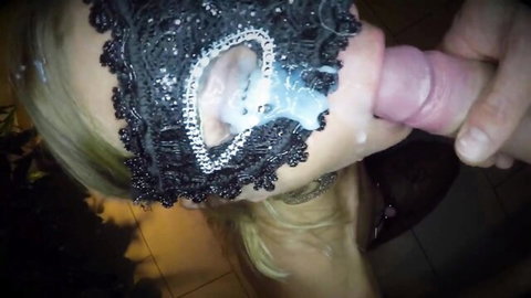 Blonde Dutch girl with pierced tits sucks cock, cum in eye