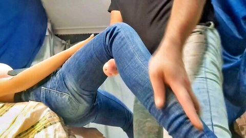 Silicone doll Fortuna in tight jeans, legs spread wide for creampie action