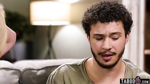 Blonde school nurse stepmom chats intimately with curly-haired stepson
