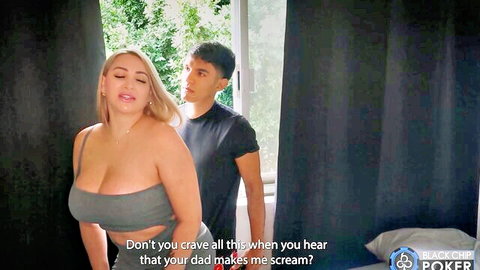 Blonde stepmom Sofia Larson teasing with huge tits in tight top