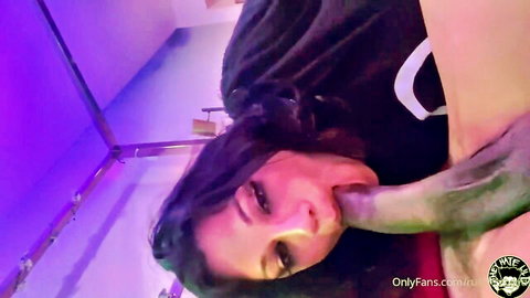 Brunette beauty with smoky eyes passionately sucks thick black cock in POV blowjob