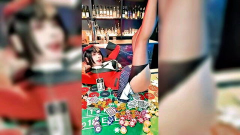 Sexy Asian cosplay teen in plaid skirt and stockings, provocative casino pose